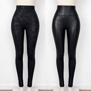 2 Pair Lot - Spanx Faux Leather Leggings Bundle Womens S Black Camo High Waist